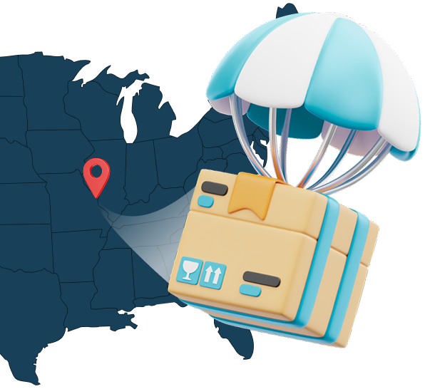 Illustration of box with parachute flying over US