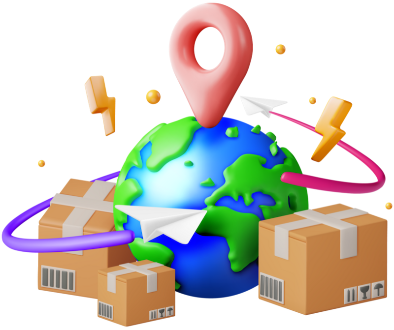 Globe with map marker surrounded by shipping boxes